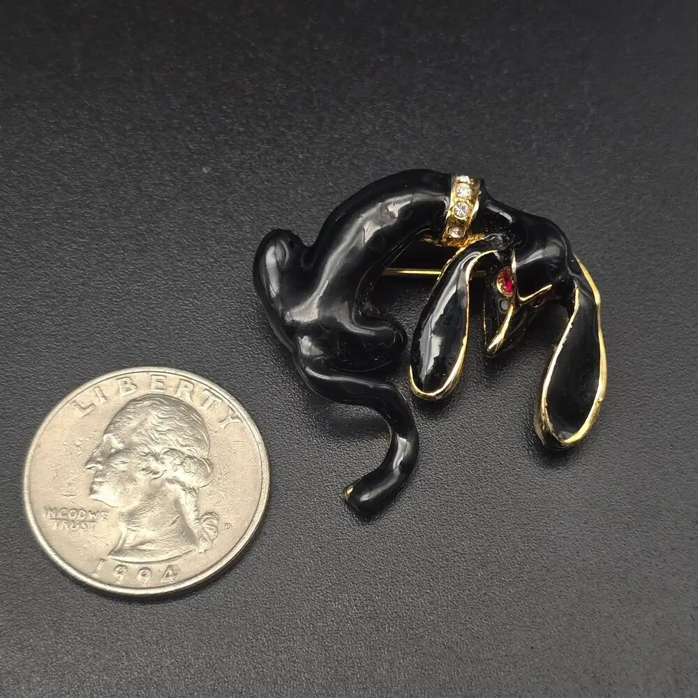Black Enamel Hound Dog Brooch Rhinestone Accents Vintage Animal Jewelry